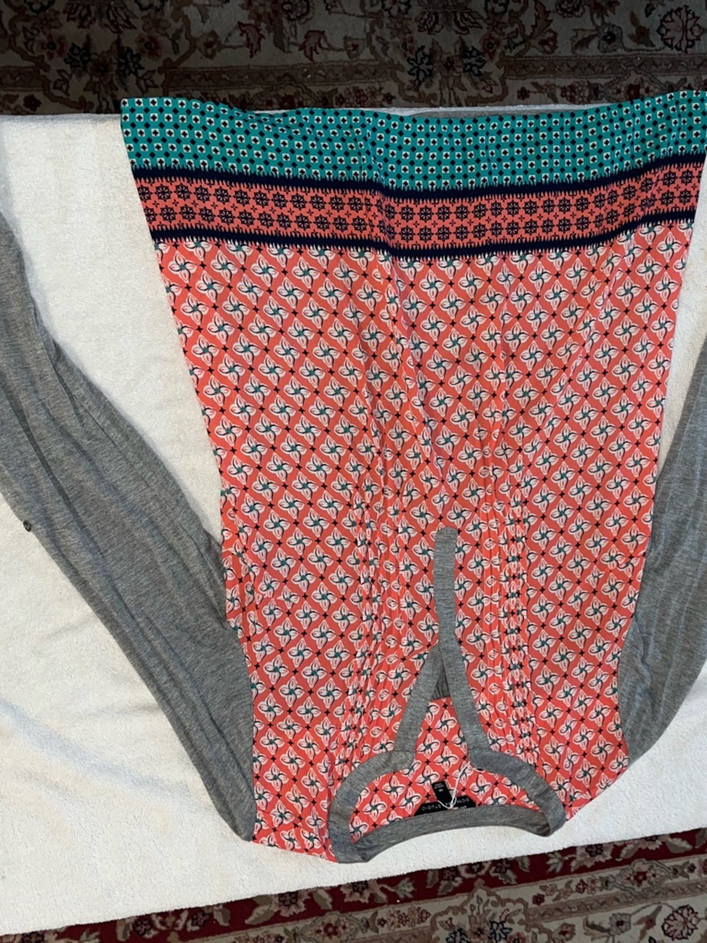 Boho Coral Floral Print Top with Teal Accents and Gray Trim